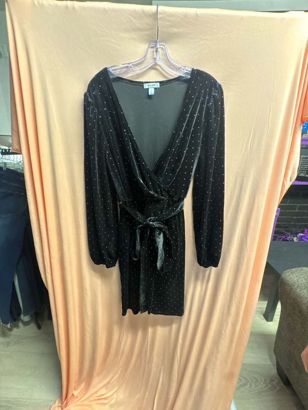 Nine West Women's Plus Size Black Velvet Long Sleeve Studded Wrap Dress